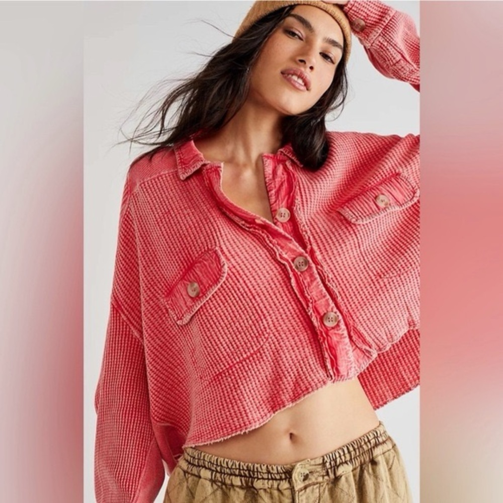 Free People FP One Scout Cropped Waffle Knit Women’s Button-Up Jacket
